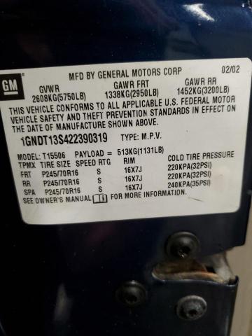 1GNDT13S422390319 - 2002 CHEVROLET TRAILBLAZE BLUE photo 14