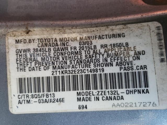 2T1KR32E23C149819 - 2003 TOYOTA COROLLA MA XR SILVER photo 13