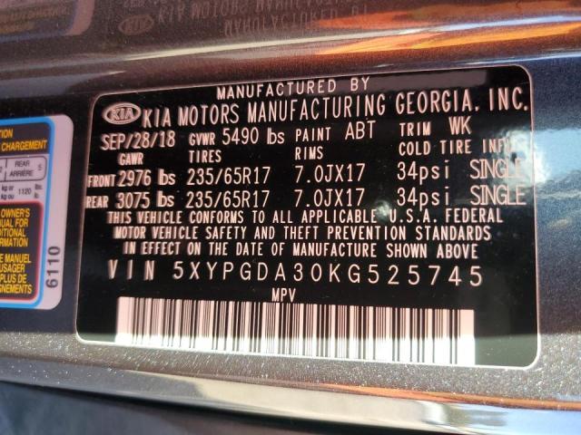 5XYPGDA30KG525745 - 2019 KIA SORENTO L GRAY photo 13