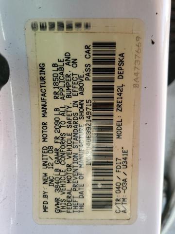 1NXBU40E39Z149715 - 2009 TOYOTA COROLLA BASE 白色 照片 12