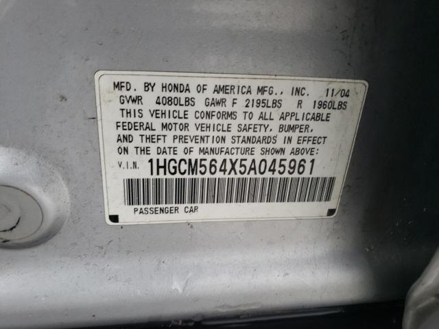 1HGCM564X5A045961 - 2005 HONDA ACCORD LX SILVER photo 12