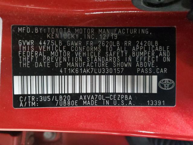 4T1K61AK7LU330157 - 2020 TOYOTA CAMRY XSE RED photo 12