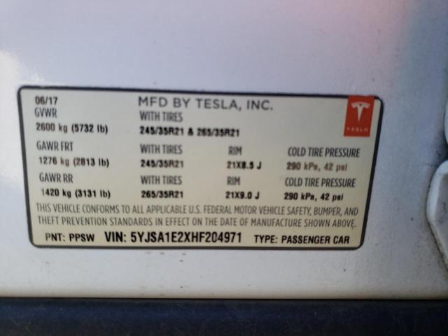 5YJSA1E2XHF204971 - 2017 TESLA MODEL S Սպիտակ լուսանկար 12