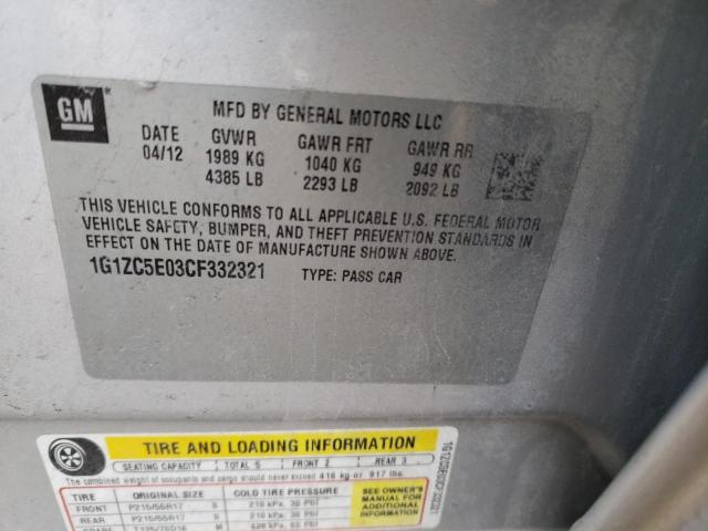 1G1ZC5E03CF332321 - 2012 CHEVROLET MALIBU 1LT ვერცხლისფერი ფოტო 12