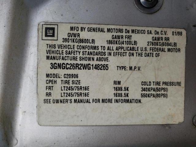 3GNGC26R2WG148265 - 1998 CHEVROLET SUBURBAN C2500 SILVER photo 10