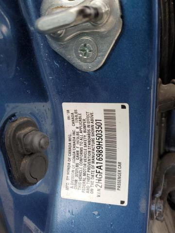 2HGFA16989H503501 - 2009 HONDA CIVIC EXL Կապույտ լուսանկար 12