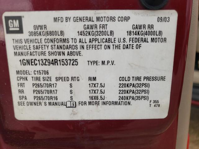 1GNEC13Z94R153725 - 2004 CHEVROLET TAHOE C1500 BURGUNDY photo 13