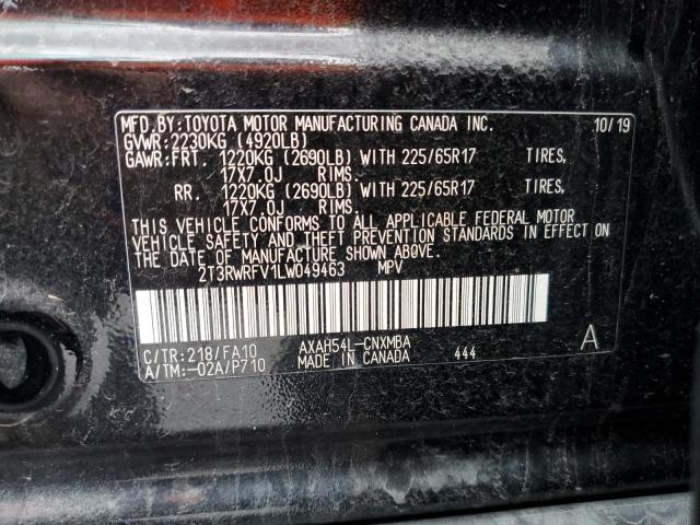 2T3RWRFV1LW049463 - 2020 TOYOTA RAV4 XLE BLACK photo 12