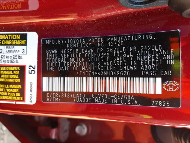 4T1FZ1AKXMU049626 - 2021 TOYOTA CAMRY XLE RED photo 12