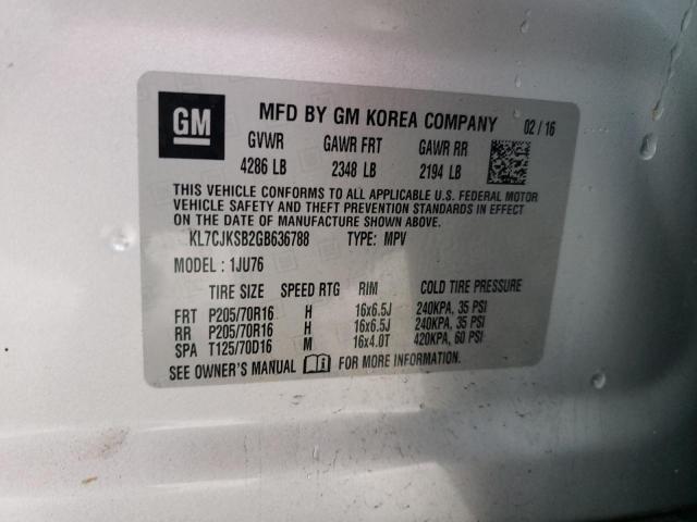 KL7CJKSB2GB636788 - 2016 CHEVROLET TRAX LS SILVER photo 13