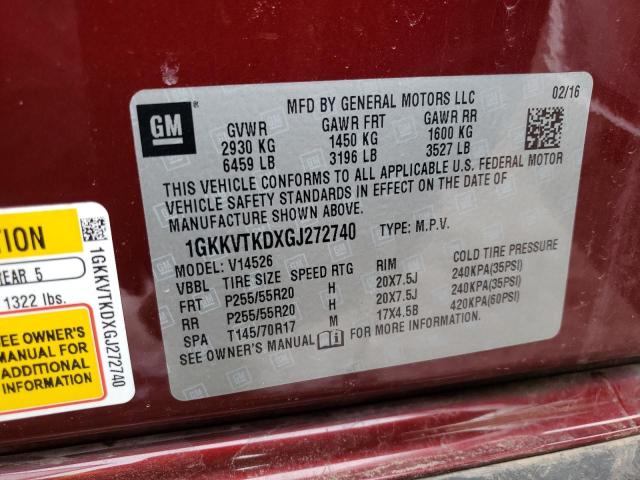 1GKKVTKDXGJ272740 - 2016 GMC ACADIA DENALI MAROON photo 12