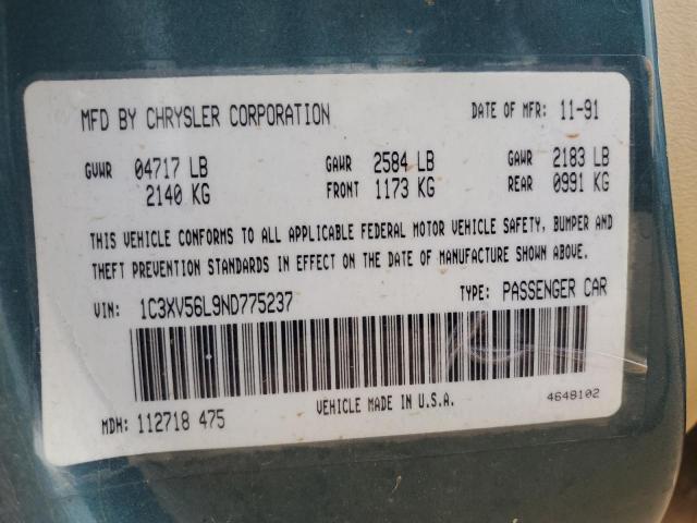 1C3XV56L9ND775237 - 1992 CHRYSLER IMPERIAL Mavi foto 12