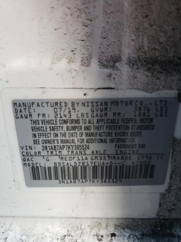 3N1AB7AP7KY385524 - 2019 NISSAN SENTRA S WHITE photo 13