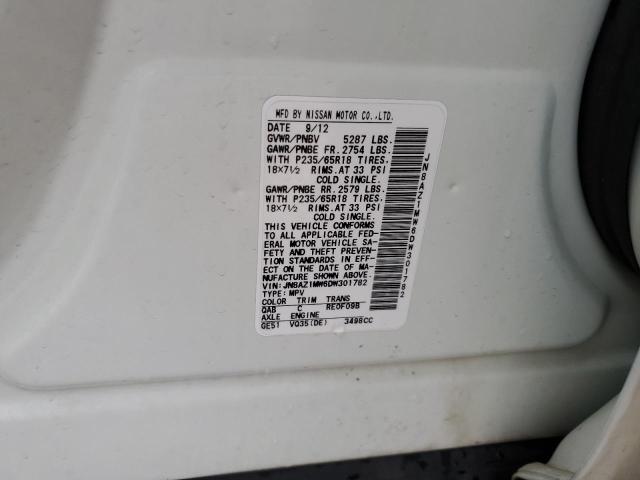 JN8AZ1MW6DW301782 - 2013 NISSAN MURANO S WHITE photo 12