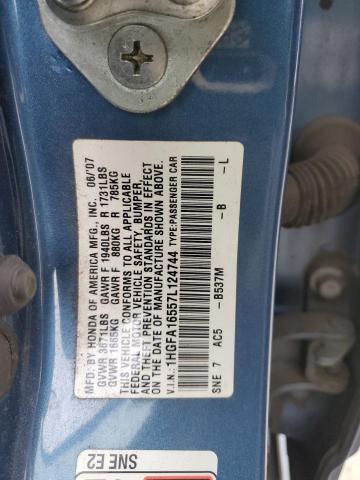 1HGFA16557L124744 - 2007 HONDA CIVIC LX BLUE photo 12