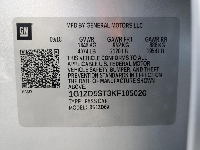 1G1ZD5ST3KF105026 - 2019 CHEVROLET MALIBU LT SILVER photo 12