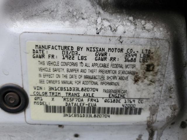 3N1CB51D33L820704 - 2003 NISSAN SENTRA XE WHITE photo 12