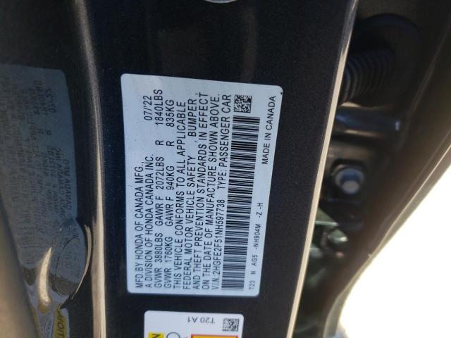 2HGFE2F51NH597738 - 2022 HONDA CIVIC SPORT GRAY photo 12