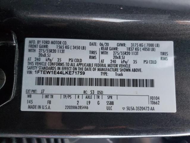 1FTEW1E44LKE71759 - 2020 FORD F150 SUPERCREW GRAY photo 12