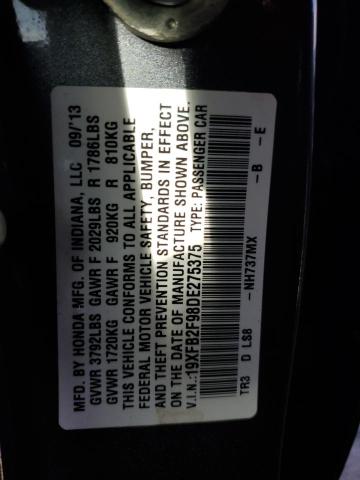 19XFB2F98DE275375 - 2013 HONDA CIVIC EXL Մոխրագույն լուսանկար 13
