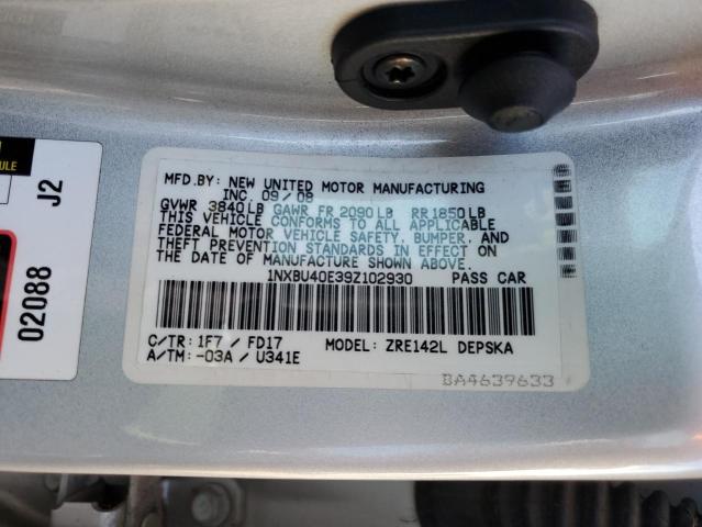 1NXBU40E39Z102930 - 2009 TOYOTA COROLLA BASE SILVER photo 12