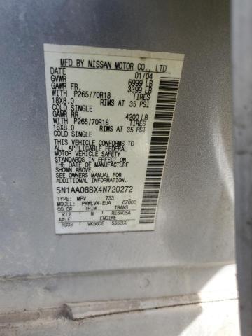 5N1AA08BX4N720272 - 2004 NISSAN ARMADA SE SILVER photo 13