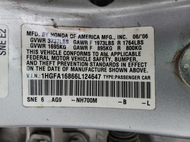 1HGFA16866L124647 - 2006 HONDA CIVIC EX SILVER photo 12