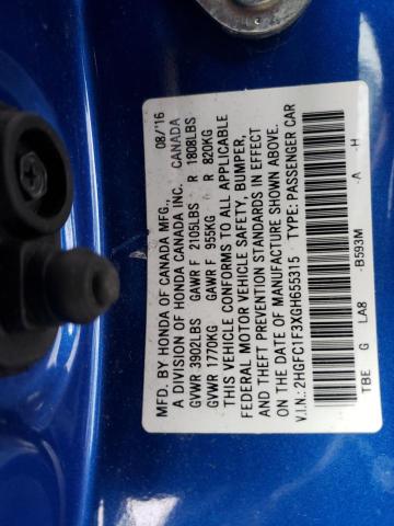 2HGFC1F3XGH655315 - 2016 HONDA CIVIC EX BLUE photo 12