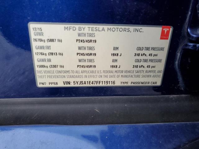 5YJSA1E47FF119116 - 2015 TESLA MODEL S ლურჯი ფოტო 13