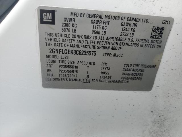 2GNFLGEK8C6235575 - 2012 CHEVROLET EQUINOX LTZ WHITE photo 12