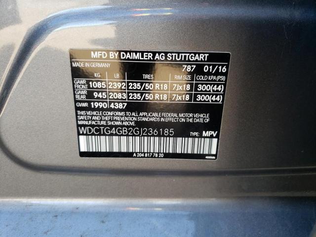 WDCTG4GB2GJ236185 - 2016 MERCEDES-BENZ GLA 250 4MATIC GRAY photo 12