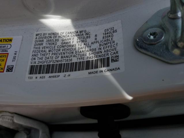 2HGFE2F52NH573836 - 2022 HONDA CIVIC SPORT 白色 照片 12