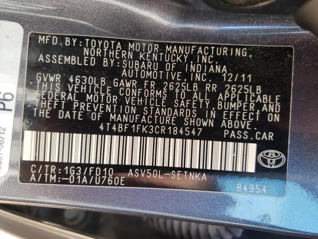 4T4BF1FK3CR184547 - 2012 TOYOTA CAMRY BASE GRAY photo 13