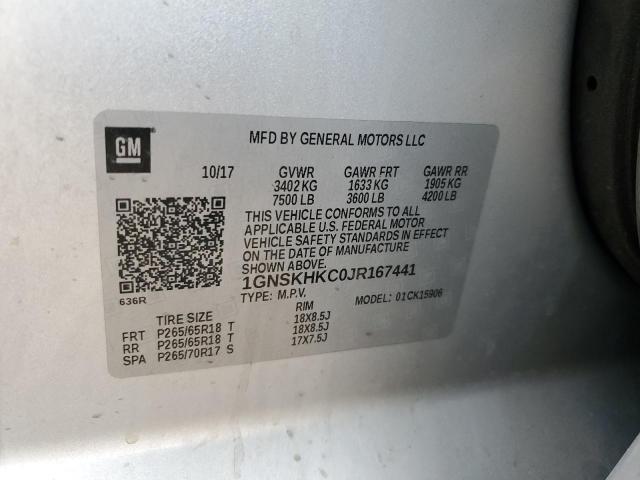 1GNSKHKC0JR167441 - 2018 CHEVROLET SUBURBAN K1500 LT SILVER photo 13