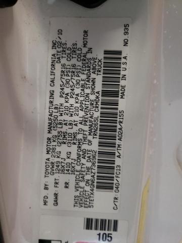 5TETX4GN6AZ736962 - 2010 TOYOTA TACOMA PRERUNNER ACCESS CAB WHITE photo 12