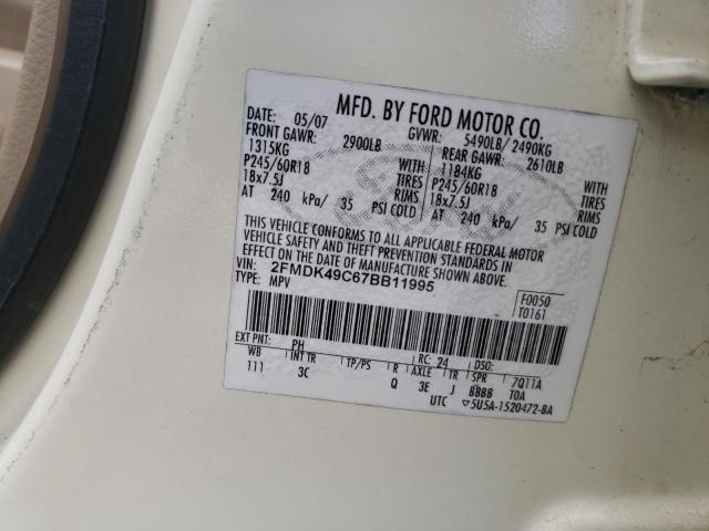 2FMDK49C67BB11995 - 2007 FORD EDGE SEL PLUS CREAM photo 10