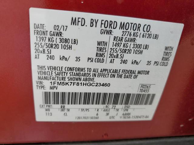 1FM5K7F81HGC23460 - 2017 FORD EXPLORER LIMITED RED photo 13