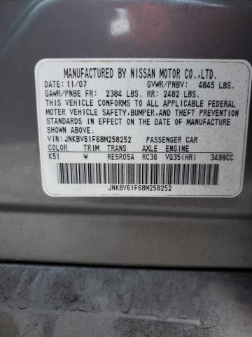 JNKBV61F68M258252 - 2008 INFINITI G35 GRAY photo 12