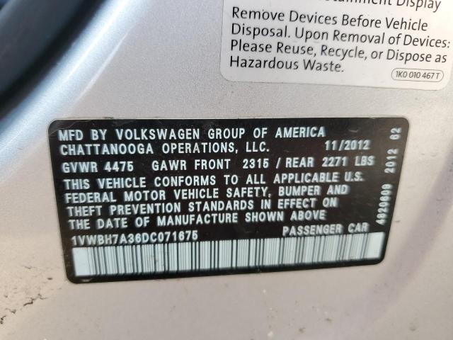 1VWBH7A36DC071675 - 2013 VOLKSWAGEN PASSAT SE SILVER photo 12