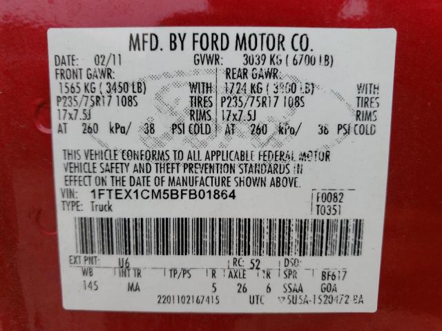 1FTEX1CM5BFB01864 - 2011 FORD F150 SUPER CAB RED photo 12