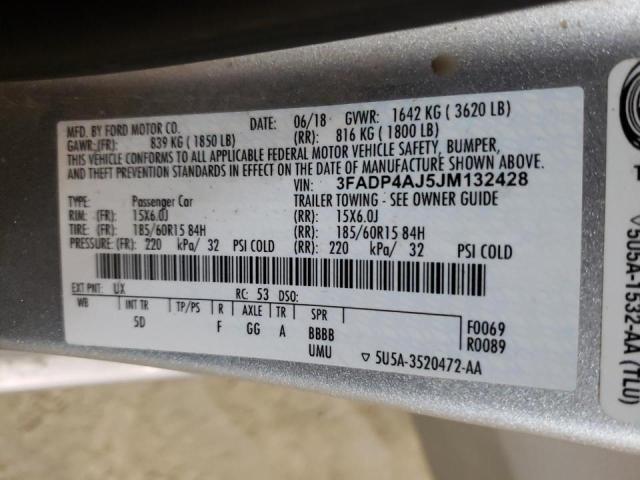 3FADP4AJ5JM132428 - 2018 FORD FIESTA S SILVER photo 12