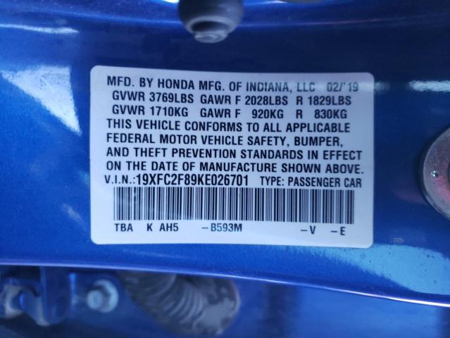 19XFC2F89KE026701 - 2019 HONDA CIVIC SPORT BLUE photo 12