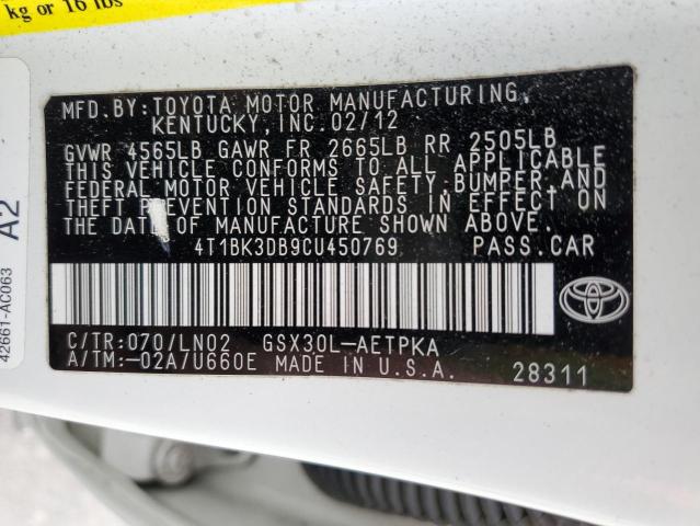 4T1BK3DB9CU450769 - 2012 TOYOTA AVALON BASE 白色 照片 12