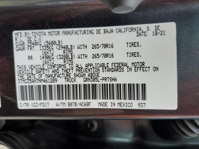 3TMCZ5AN7NM461209 - 2022 TOYOTA TACOMA DOUBLE CAB 灰色 照片 13