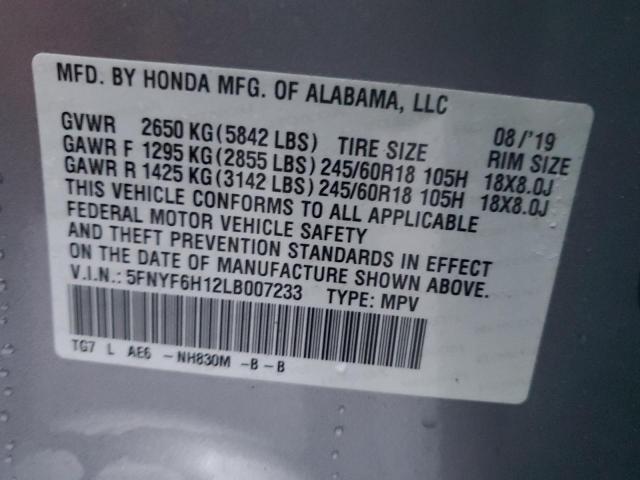 5FNYF6H12LB007233 - 2020 HONDA PILOT LX GRAY photo 12