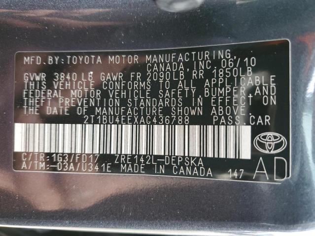 2T1BU4EEXAC436788 - 2010 TOYOTA COROLLA BASE GRAY photo 12