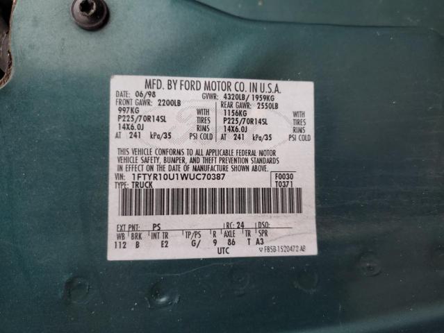 1FTYR10U1WUC70387 - 1998 FORD RANGER GREEN photo 12