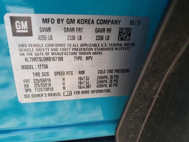 KL79MTSL5MB167188 - 2021 CHEVROLET TRAILBLAZE RS TURQUOISE photo 13