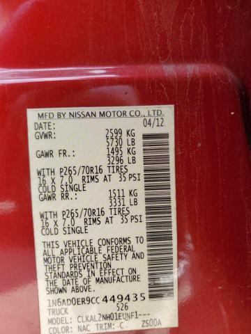 1N6AD0ER9CC449435 - 2012 NISSAN FRONTIER S RED photo 12