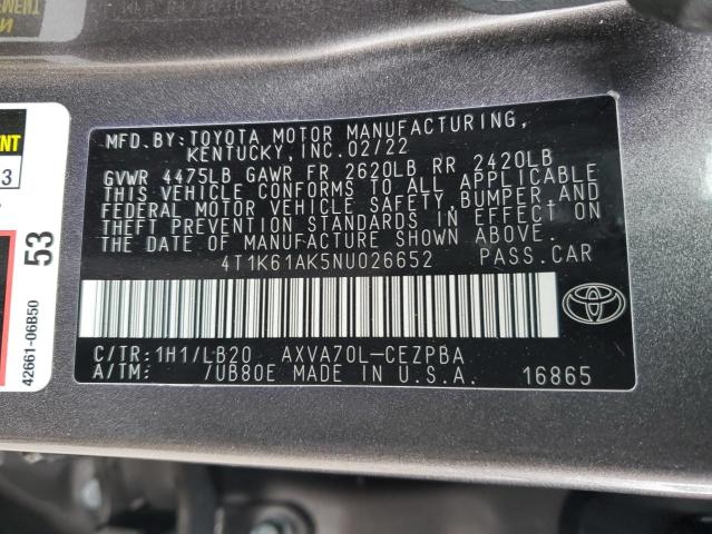 4T1K61AK5NU026652 - 2022 TOYOTA CAMRY XSE GRAY photo 12